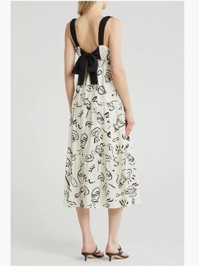 Maxi Dress By The River Doodle Print Tiered M Black White Bow Strap